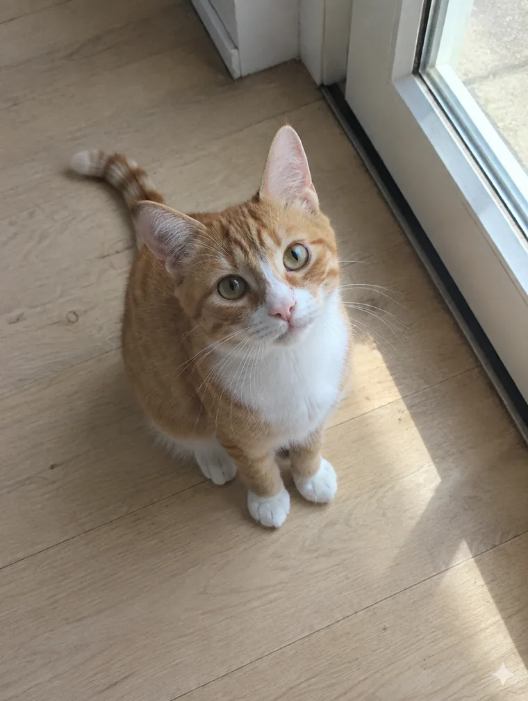 A phone photograph of an orange tabby cat sitting on a wooden floor